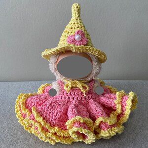 Handmade Crochet Pink Yellow Gown Fairy Witch Outfit for 17cm Doll 2-Piece Set